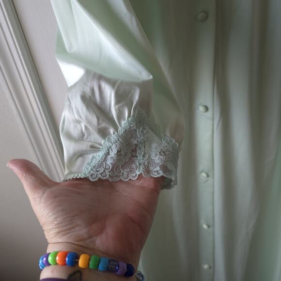 Shadowline Vintage Full Robe Mint Green Lace Trim Floral Size Large Long Sleeve - Picture 4 of 9